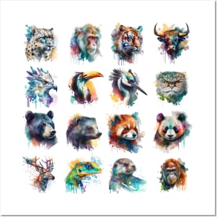 Asian animal set painted with watercolors on a white background in a realistic manner. Posters and Art